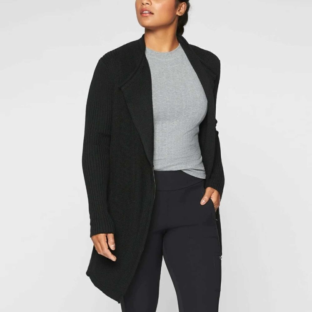 Athleta Sentinel Long Blazer Wool Blend Zip Front Collar Sweater Jacket in Black